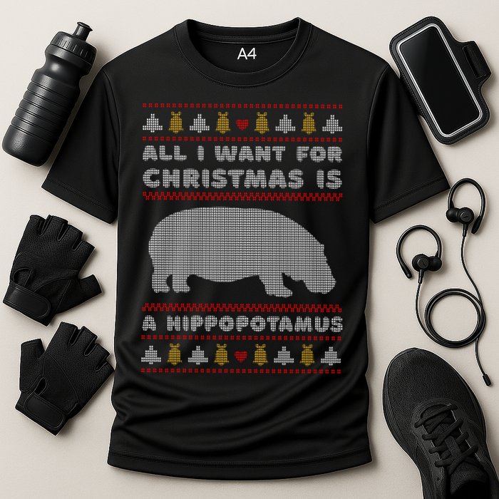 All I Want For Christmas Is A Hippopotamus Cute Ugly Christmas Cooling Performance Crew T-Shirt