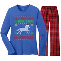 All I Want For Xmas Is A Horse Funny Ugly Christmas Horse Great Gift Women's Long Sleeve Flannel Pajama Set 