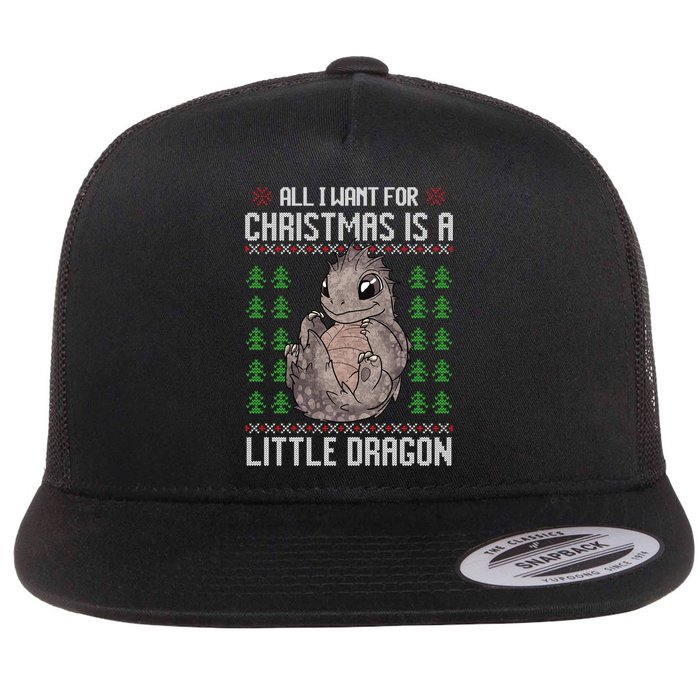All I Want For Christmas Is A Dragon Ugly Xmas Sweater Gift Flat Bill Trucker Hat