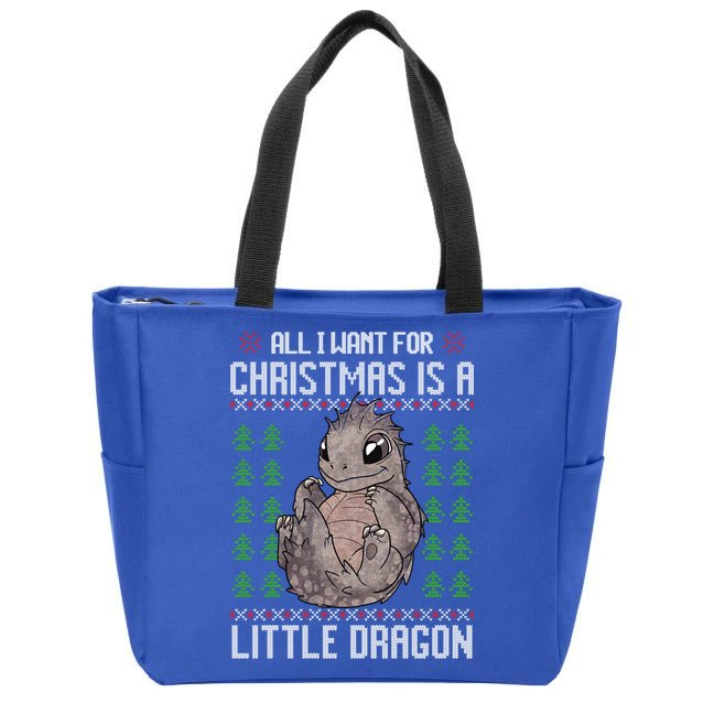 All I Want For Christmas Is A Dragon Ugly Xmas Sweater Gift Zip Tote Bag