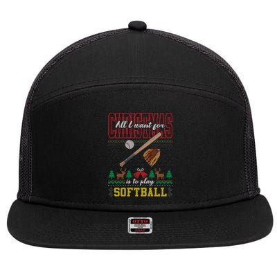 All I Want For Christmas Is To Play Softball Ugly Sweater Funny Gift 7 Panel Mesh Trucker Snapback Hat