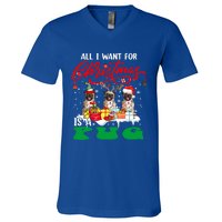 All I Want For Xmas Is A Pug Three Santa Reindeer Elf Dogs Gift V-Neck T-Shirt