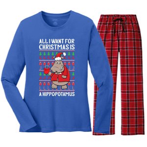 All I Want For Christmas Is A Hippopotamus Ugly Xmas Gift Women's Long Sleeve Flannel Pajama Set 