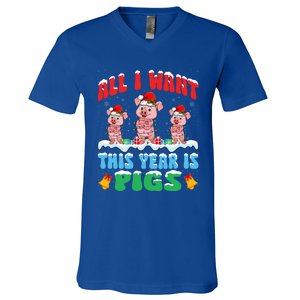 All I Want This Year Is Pigs Wearing Christmas Hat Funny Gift V-Neck T-Shirt