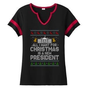 All I Want For Christmas Is A New President Ugly Christmas Sweater Ladies Halftime Notch Neck Tee