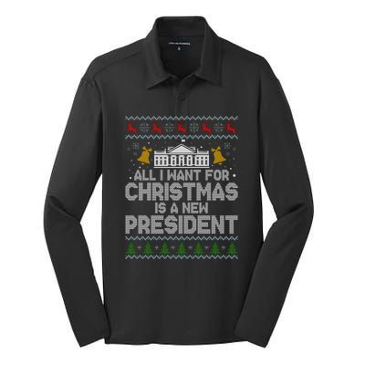 All I Want For Christmas Is A New President Ugly Christmas Sweater Silk Touch Performance Long Sleeve Polo