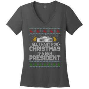 All I Want For Christmas Is A New President Ugly Christmas Sweater Women's V-Neck T-Shirt