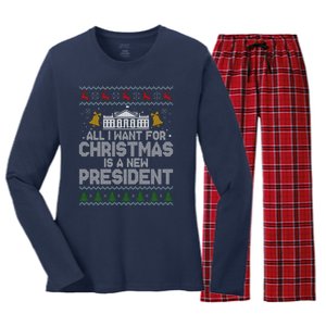 All I Want For Christmas Is A New President Ugly Christmas Sweater Women's Long Sleeve Flannel Pajama Set 