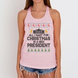 All I Want For Christmas Is A New President Ugly Christmas Sweater Women's Knotted Racerback Tank