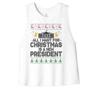 All I Want For Christmas Is A New President Ugly Christmas Sweater Women's Racerback Cropped Tank