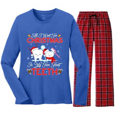 All I Want For Christmas Is My Two Front Teeth Funny Gift Women's Long Sleeve Flannel Pajama Set 