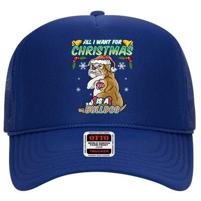 All I Want For Christmas Is A Bulldog Santa Claus Dog Xmas Gift High Crown Mesh Back Trucker Hat