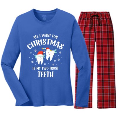 All I Want For Christmas Is My Two Front Teeth Funny Dentist Gift Women's Long Sleeve Flannel Pajama Set 