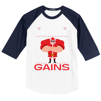 All I Want For Christmas Is Gains Fun Pig Ugly Xmas Sweater Cool Gift Baseball Sleeve Shirt