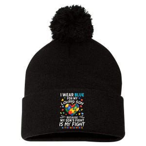 april I Wear Blue For My Son Puzzle Pieces autism Pom Pom 12in Knit Beanie