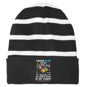 april I Wear Blue For My Son Puzzle Pieces autism Striped Beanie with Solid Band