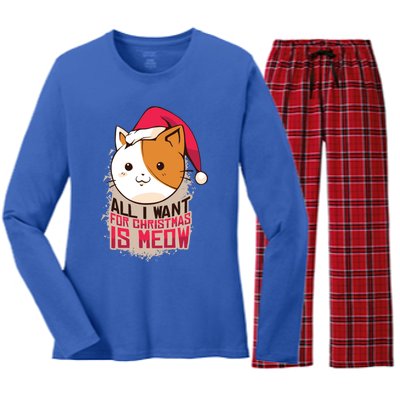 All I Want For Christmas Is Meow Funny Cat Gift Women's Long Sleeve Flannel Pajama Set 