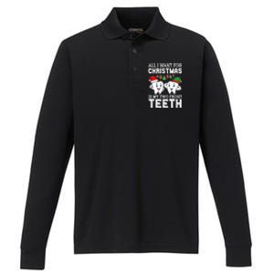 All I Want For Christmas Is My Two Front Teeth Funny Dentist Performance Long Sleeve Polo