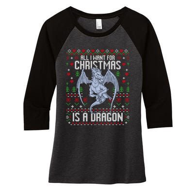 All I Want For Christmas Is A Dragon Ugly Xmas Sweater Women's Tri-Blend 3/4-Sleeve Raglan Shirt