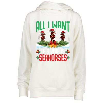 All I Want This Year Is Seahorses Wearing Hat Christmas Gift Womens Funnel Neck Pullover Hood