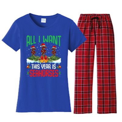 All I Want This Year Is Seahorses Wearing Hat Christmas Gift Women's Flannel Pajama Set