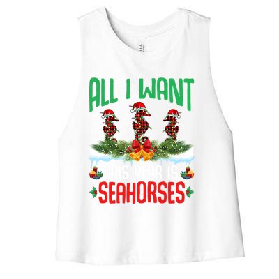 All I Want This Year Is Seahorses Wearing Hat Christmas Gift Women's Racerback Cropped Tank