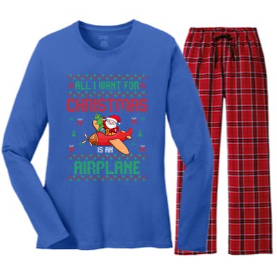 All I Want For Christmas Is An Airplane Pilots Ugly Xmas Gift Women's Long Sleeve Flannel Pajama Set 