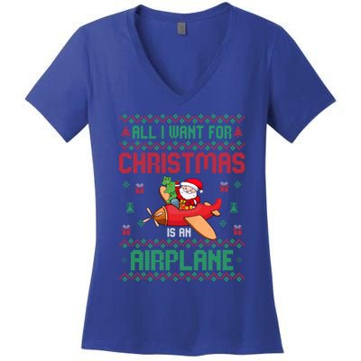 All I Want For Christmas Is An Airplane Pilots Ugly Xmas Gift Women's V-Neck T-Shirt