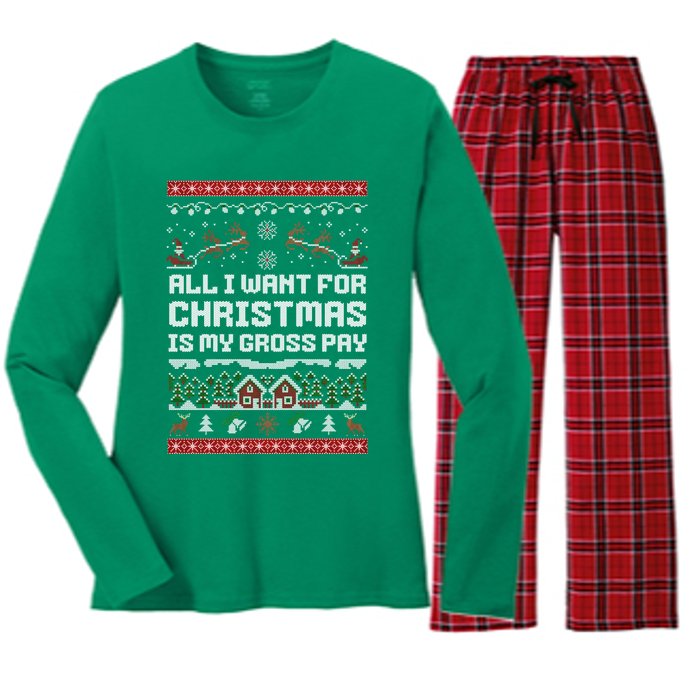 All I Want For Christmas Is My Gross Pay Funny Joke Women's Long Sleeve Flannel Pajama Set 