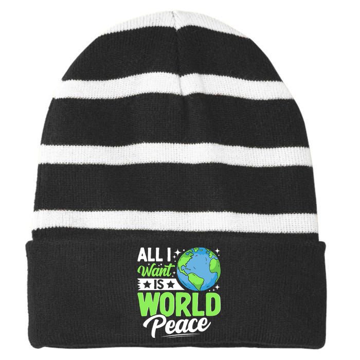 All I Want Is World Peace Graphic Striped Beanie with Solid Band