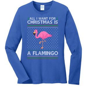 All I Want For Christmas Is A Flamingo Ugly Xmas Holiday Gift Ladies Long Sleeve Shirt