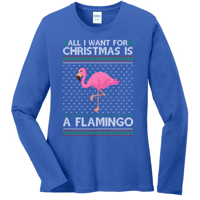 All I Want For Christmas Is A Flamingo Ugly Xmas Holiday Gift Ladies Long Sleeve Shirt