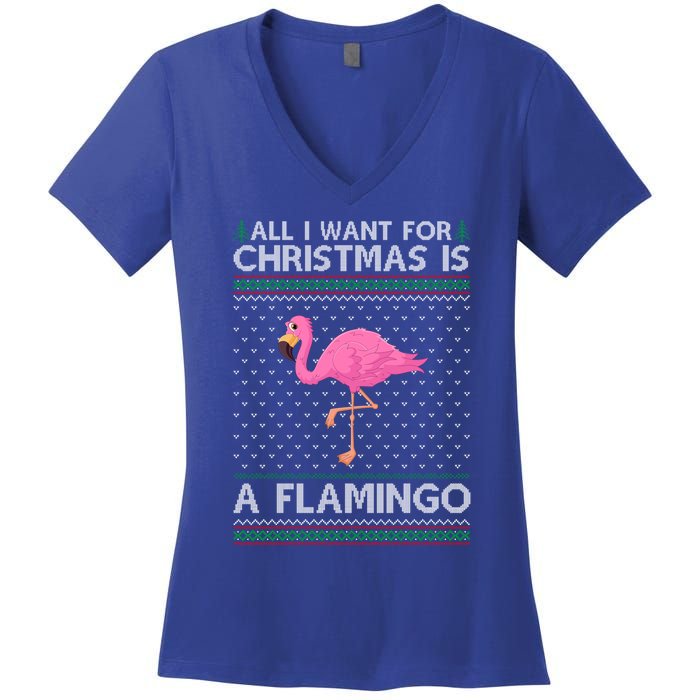 All I Want For Christmas Is A Flamingo Ugly Xmas Holiday Gift Women's V-Neck T-Shirt