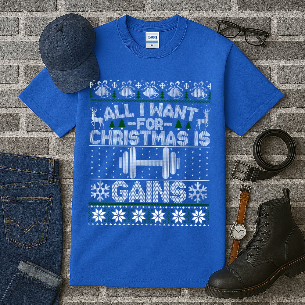 All I Want For Christmas Is Gain Fitness Ugly Sweater Gift Tall T-Shirt