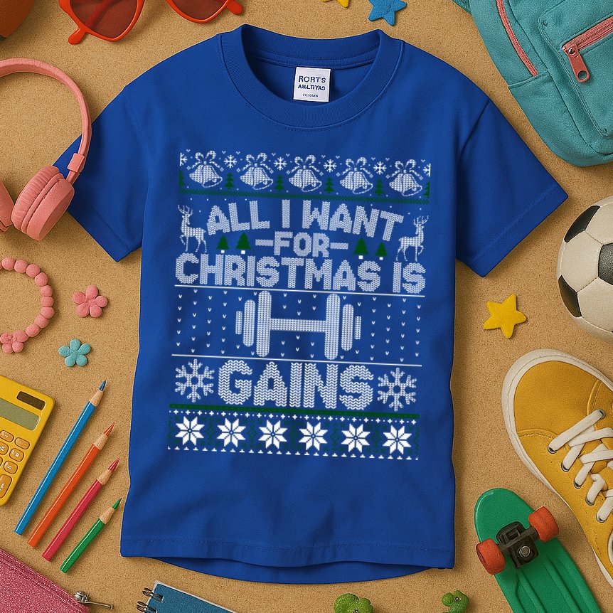All I Want For Christmas Is Gain Fitness Ugly Sweater Gift Kids T-Shirt