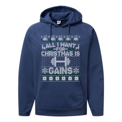 All I Want For Christmas Is Gain Fitness Ugly Sweater Gift Performance Fleece Hoodie