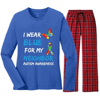 Autism I Wear Blue For My Neighbor Awareness Puzzle Ribbon Gift Women's Long Sleeve Flannel Pajama Set 