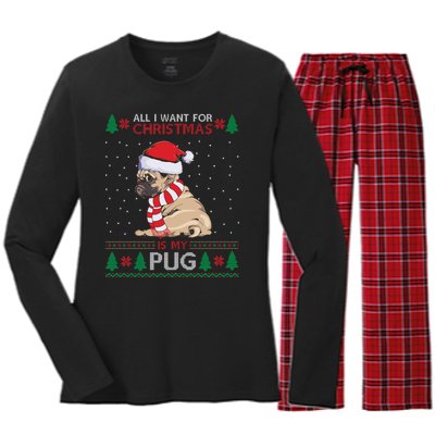 All I Want For Christmas Is My Pug Ugly Christmas Women's Long Sleeve Flannel Pajama Set 