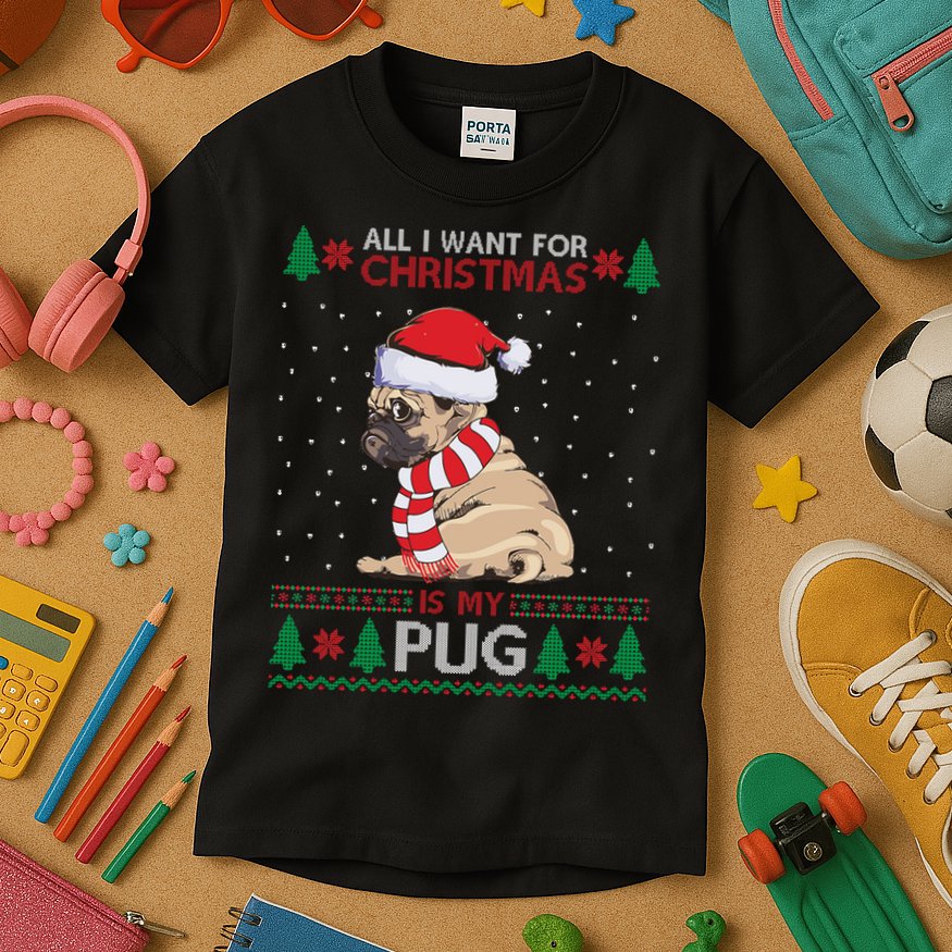 All I Want For Christmas Is My Pug Ugly Christmas Kids T-Shirt
