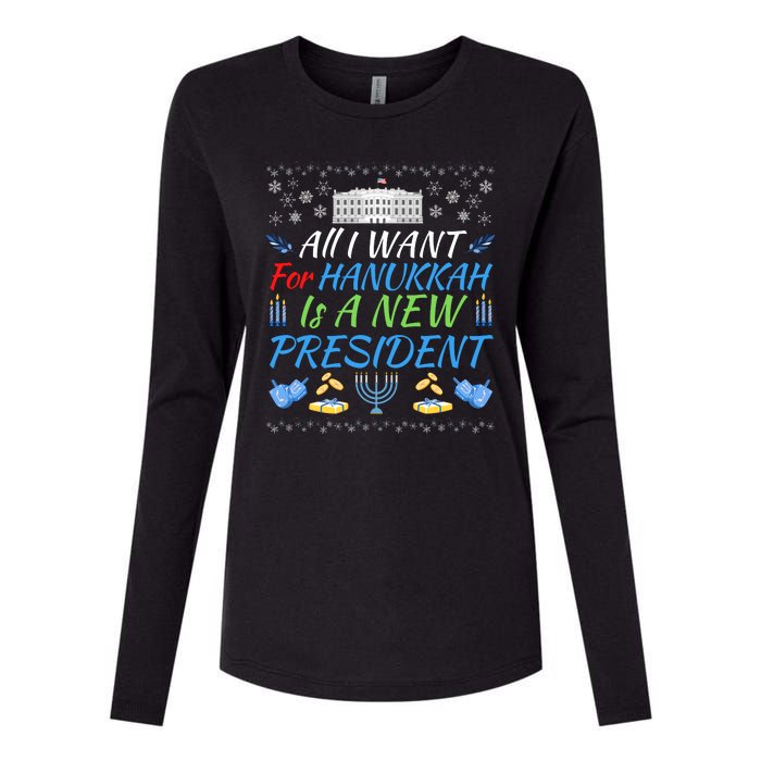 All I Want For Hanukkah Is A New President Funny Hanukkah Womens Cotton Relaxed Long Sleeve T-Shirt