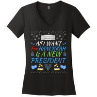 All I Want For Hanukkah Is A New President Funny Hanukkah Women's V-Neck T-Shirt