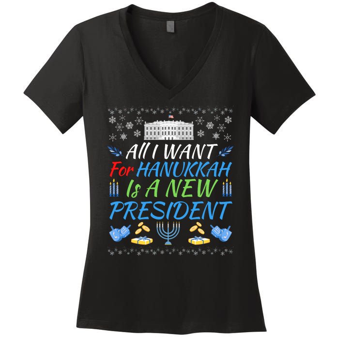 All I Want For Hanukkah Is A New President Funny Hanukkah Women's V-Neck T-Shirt