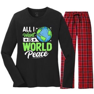 All I Want Is World Peace Graphic Women's Long Sleeve Flannel Pajama Set 