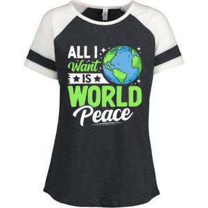 All I Want Is World Peace Graphic Enza Ladies Jersey Colorblock Tee