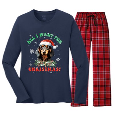 All I Want For Christmas Xmas Gifts For Dachshund Lovers Women's Long Sleeve Flannel Pajama Set 