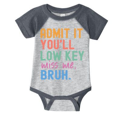 Admit It You'll Low Key Miss Me Bruh Funny Bruh Teacher  Infant Baby Jersey Bodysuit