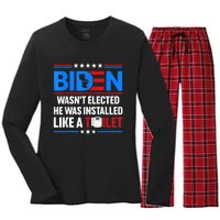 Anti Joe Biden Wasnt Elected He Was Installed Like A Toilet Women's Long Sleeve Flannel Pajama Set 