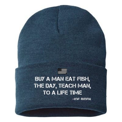 Anti Joe Biden Quote Buy A Man Eat Fish Sustainable Knit Beanie