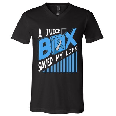 A Juice Box Saved My Life Diabetes DM Blue Awareness Ribbon V-Neck T-Shirt