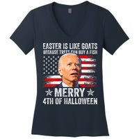 Anti Joe Biden Merry 4th Of Halloween 4th Of July Women's V-Neck T-Shirt